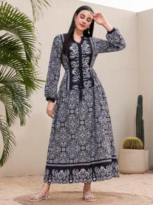 Mulvari Full-Printed Notched Neck Long Sleeve Dress - Black - View 4