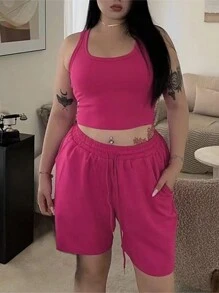 INAWLY Kích thước lớn Màu thuần Quần skinny Áo ba lỗ Và Eo dây rút Quần short 2 Miếng Bộ - Hồng - Xem 1