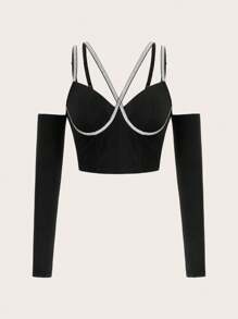 SHEIN ICON Women T-Shirts Backless Berlian buatan Zip Plain Seksi - Hitam - View 2