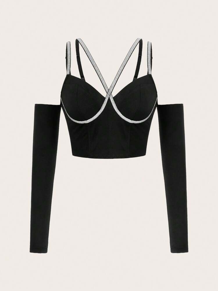 Skinny Long Sleeve T-Shirt With Rhinestone Decoration On The Breast Cup