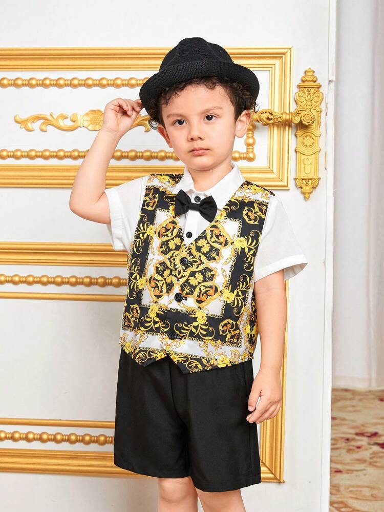 Young Boy's Matching Bow Tie Dress Shirt, Baroque Pattern Vest, Jacket And Shorts Gentlemen Outfits 3pcs/Set
