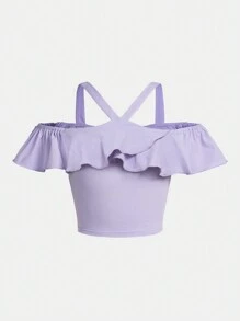 SHEIN 十幾歲女孩純色針織休閒t卹,帶交叉頸帶和荷葉邊裝飾