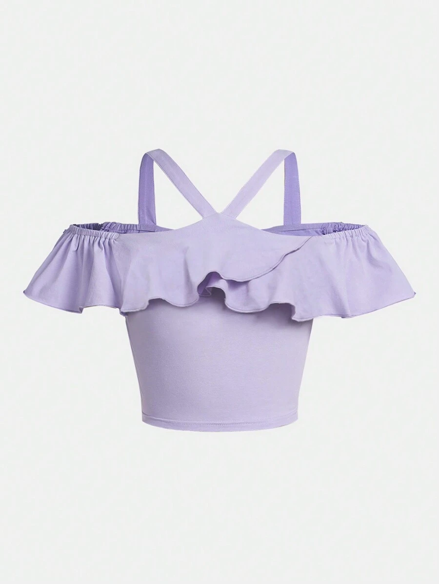 SHEIN 十幾歲女孩純色針織休閒t卹,帶交叉頸帶和荷葉邊裝飾