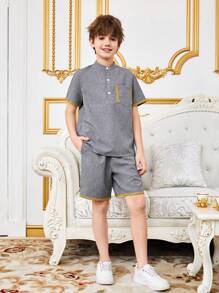 Tween男孩鬆身休閒立領襯衫短褲套裝,附帶拼接和編織細節 - 灰色 - 查看 7