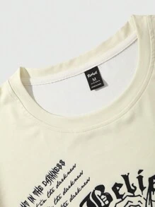 ROMWE MEN Goth Men's Virgin Mary & Angel Slogan Print T-Shirt And Shorts Set - Khaki - View 6