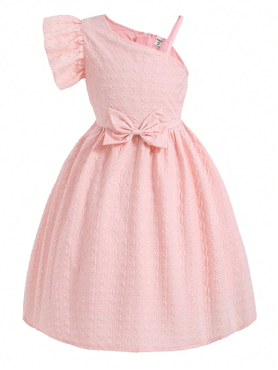 SHEIN Cô gái Tween Màu thuần Không đối xứng Vòng cổ Bowknot Đồ trang trí Đầm - Hồng - Xem 1
