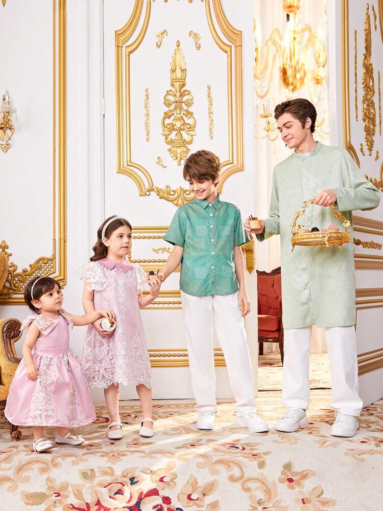 Tween Boy Loose Cute Collar Pattern Woven Short Sleeve Shirt