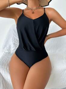 SHEIN Swim 女士純色聚集式吊帶一件式泳衣,適用於夏季、海灘、假期、旅行、節日、游泳池、衝浪 - 黑色 - 查看 1