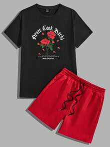 Manfinity RebelGame Nam Hoa hồng Slogan In Áo thun Hơn Màu thuần Quần short 2 Miếng - Nhiều màu - Xem 5
