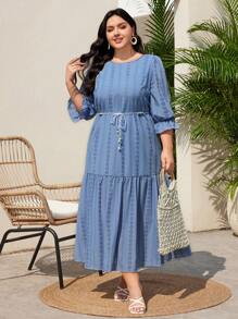 Mulvari 大尺碼女裝 3/4 袖荷葉邊連身裙 - 藍色 - 查看 5