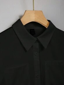 SHEIN Privé 純色鈕扣長袖襯衫 - 黑色 - 查看 6