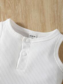 SHEIN 3入組嬰兒男童休閒、舒適、可愛、時尚、無袖、半扣、開襠爬衣套裝,適用於家裡和戶外 - 彩色 - 查看 6