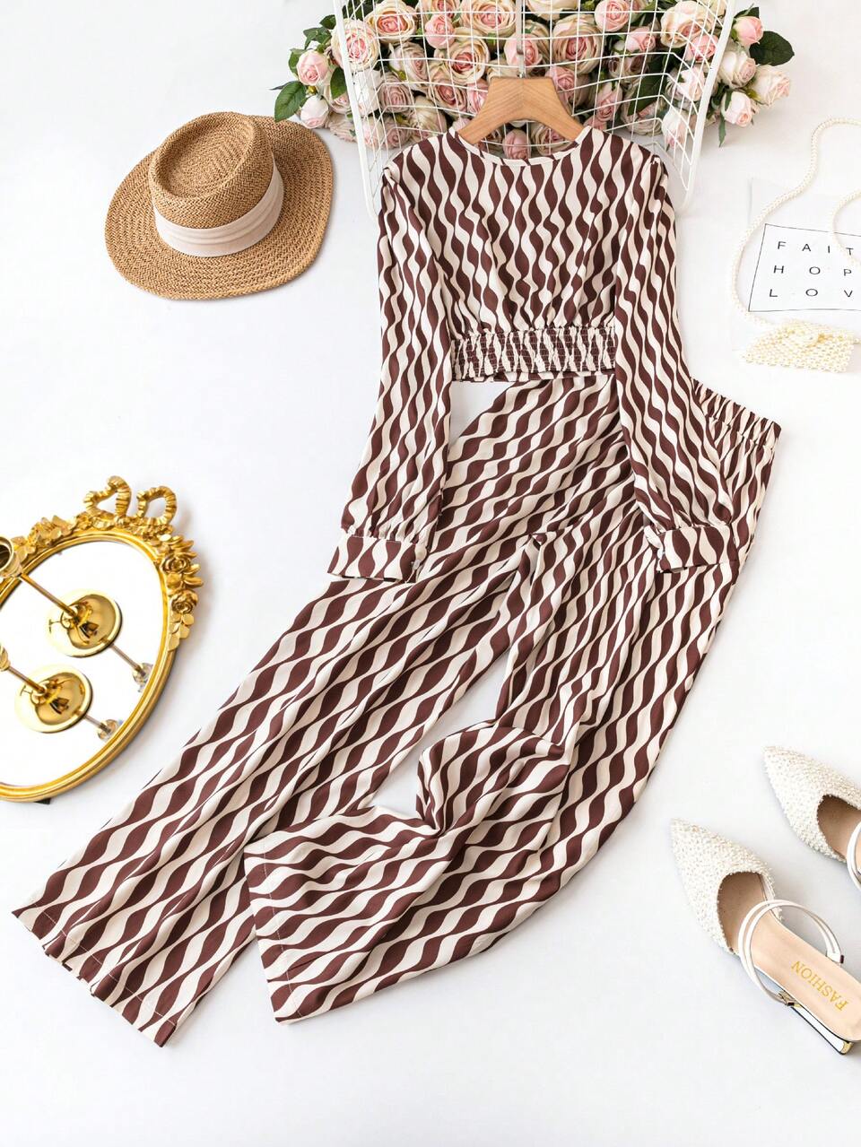 Plus Size Water Ripple Print Casual Two Piece Set
