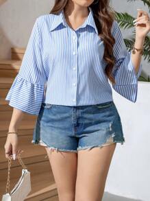 SHEIN LUNE 大尺碼喇叭袖條紋襯衫