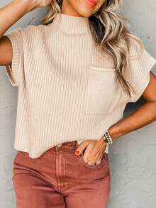 Acelitt Casual Solid Color Batwing Sleeve Pocket Knit Top For Autumn Summer - Beige - View 3