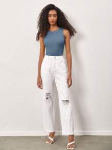 SHEIN BASICS Của phụ nữ Màu thuần Vòng cổ Sọc Áo ba lỗ - Màu xanh nhạt - Xem 4