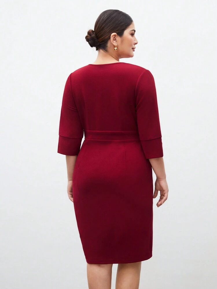 Plus Size Fitted Wrap Neck Slit Sleeve Bodycon Dress