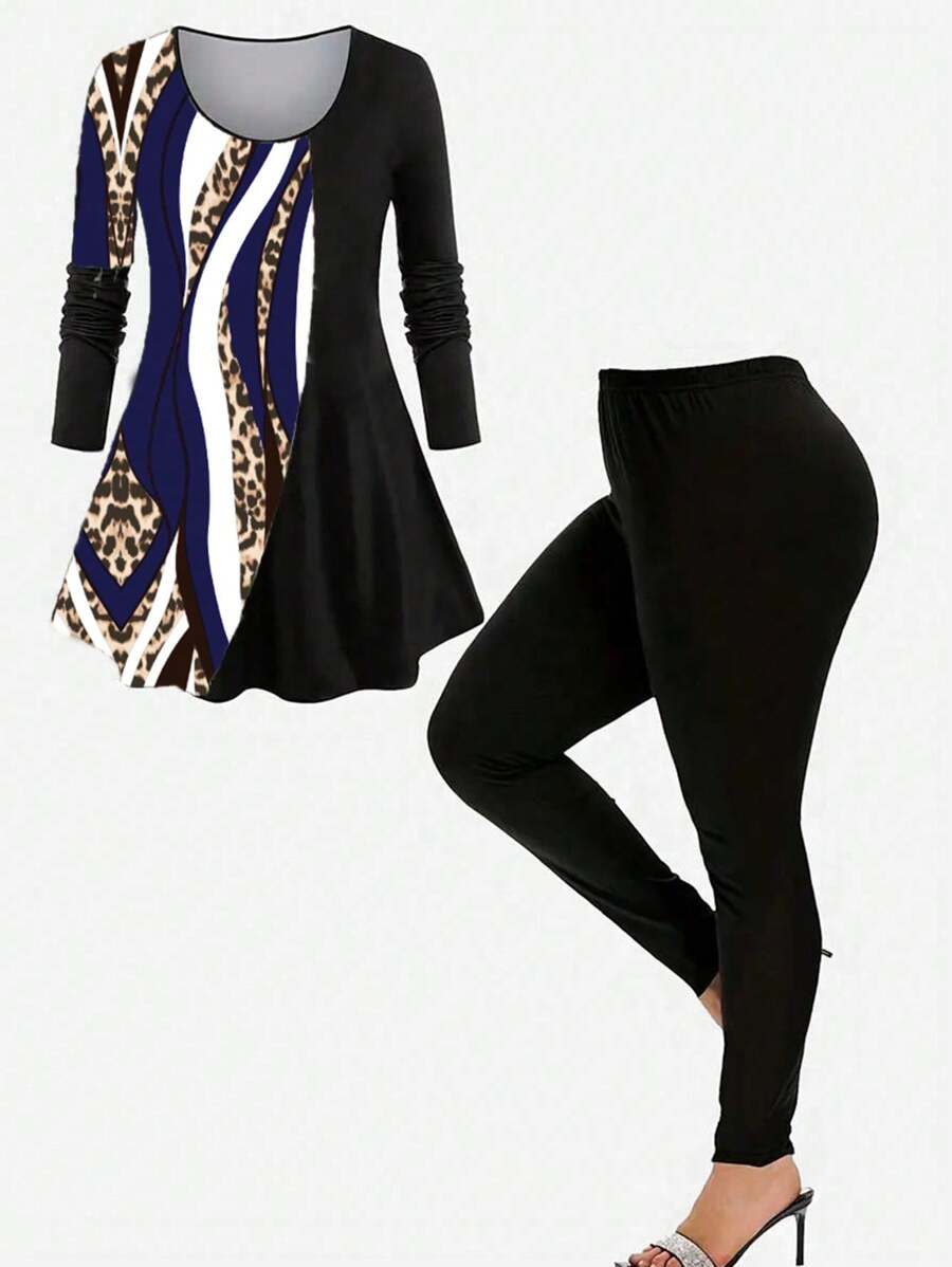 EMERY ROSE Conjunto de dos piezas de talla grande con parte superior con estampado de patchwork y leggings de unicolor - Azul - Ver 1