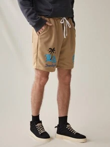 Manfinity VCAY 男士字母印花束繩腰針織短褲 - 杏色 - 查看 6