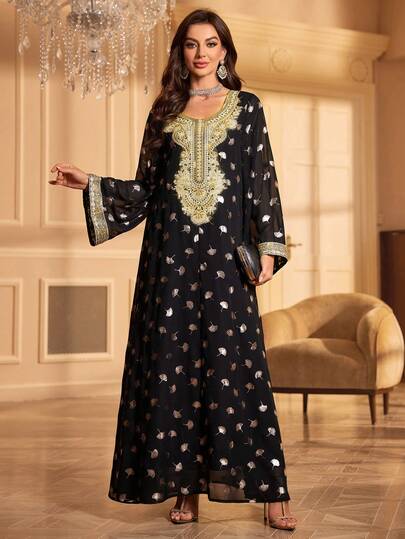 Rhinestone Embellished Long Sleeve Kaftan Maxi Dress