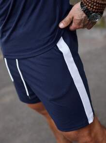 Manfinity Homme Men's Colorblock Casual 2pcs T-Shirt And Shorts Set, Basic, Workout Set - Blue - View 7