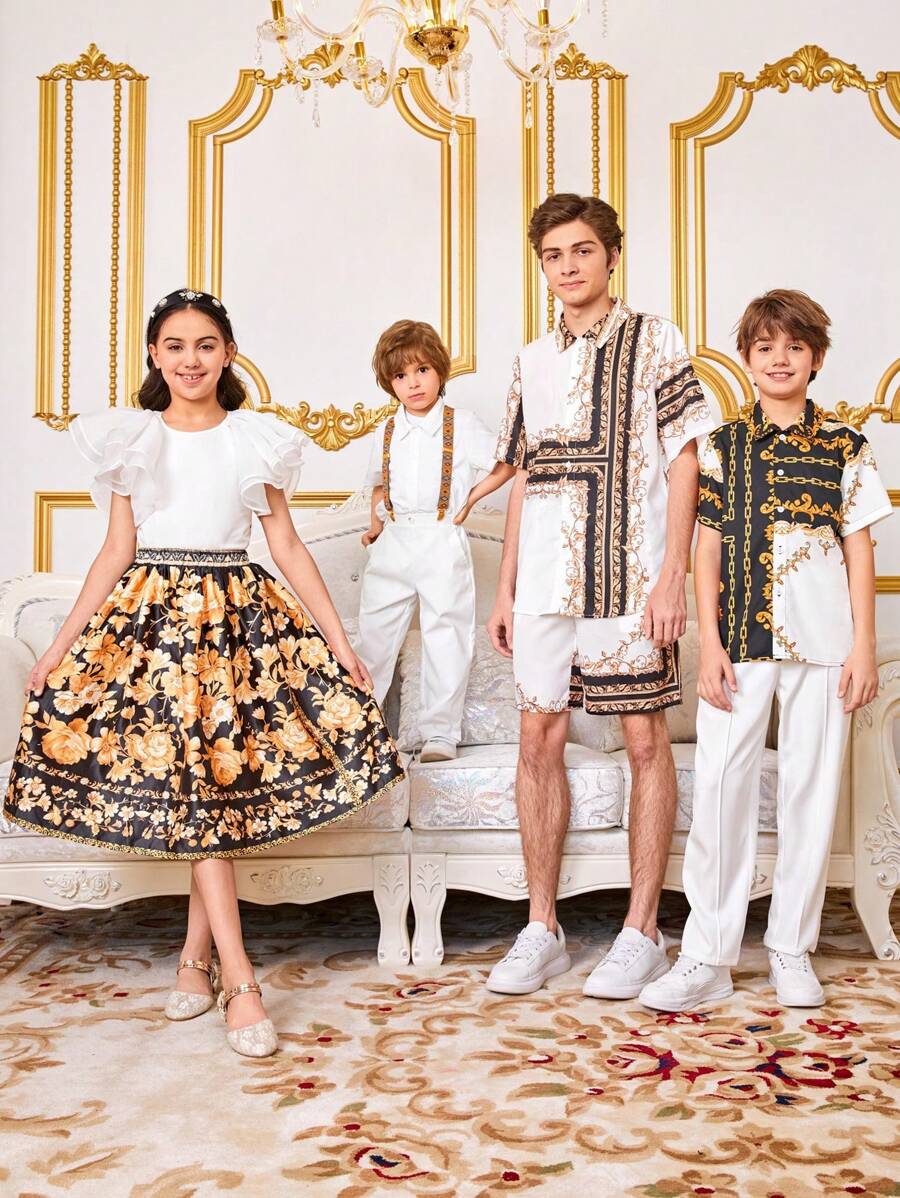 SHEIN 十幾歲男孩鬆身款休閒無領短袖平紡襯衫,有鏈條圖案 - 白色 - 查看 1