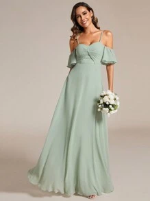 EVERPRETTY Chiffon Open Shoulder Bridesmaid Dress With Twist Knot And Ruffled Sleeves - Mint Green - View 1