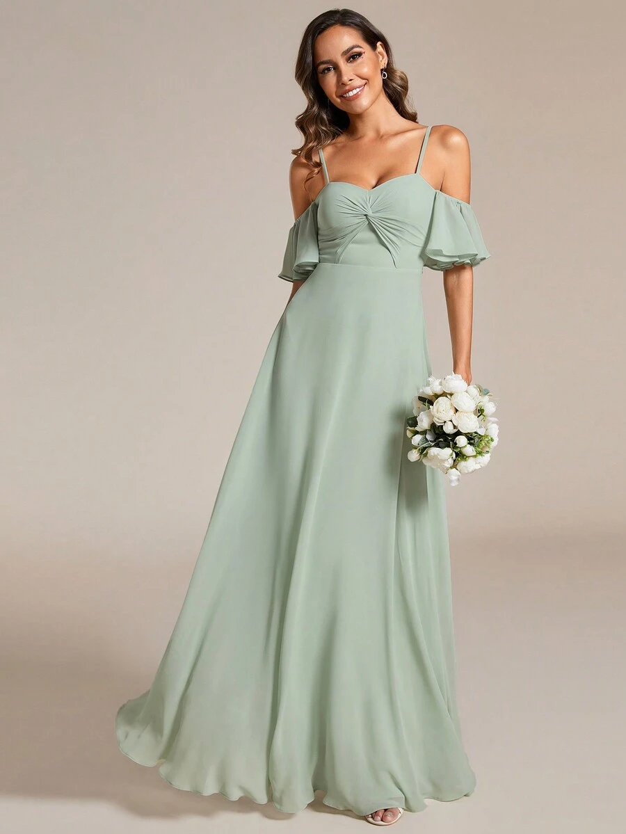 EVERPRETTY Chiffon Open Shoulder Bridesmaid Dress With Twist Knot And Ruffled Sleeves - Mint Green - View 1