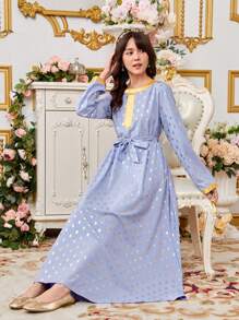 Vestido De Retales Con Cinta Jacquard De Lunares Y Lunares Dorados Recién Llegado Para Chicas Adolescentes 2024 - Púrpura polvoriento - Ver 5