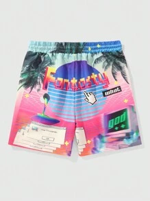 ROMWE MEN Street Life Men's Coconut Tree & Letter Printed Shorts, Perfect For Daily Wear In Spring And Summer - Multicolor - View 2