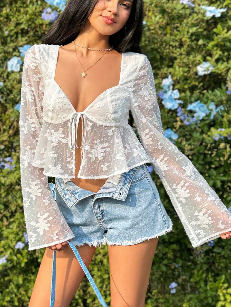 Soleia Blusa De Jacquard Com Mangas De Sino E Laço Frontal Para Mulheres - Branco - Ver 1