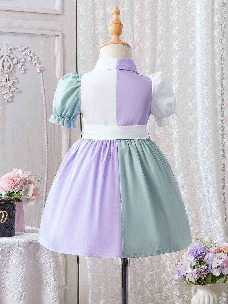 Spring/Summer Baby Girl Colorblock Bubble Sleeve Cute Daily/Casual Dress In Purple, Green And White