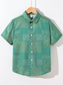 SHEIN Tween Boy Loose Cute Collar Padrão Camisa De Manga Curta Tecida