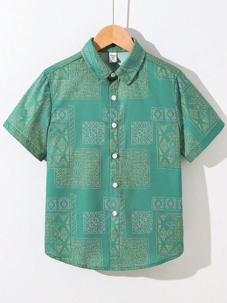 Tween Boy Loose Cute Collar Pattern Woven Short Sleeve Shirt