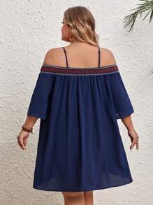 SHEIN VCAY Plus Size Woven Strap Patchwork Dress - Blue - View 4