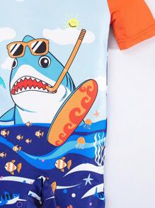 SHEIN 1pc Young Boys' Shark Print Breathable Swimsuit,Casual & Fashionable Soft Comfy One Piece Swimwear,Perfect For Summer,Beach,Holiday In Spring - Royal Blue - View 5