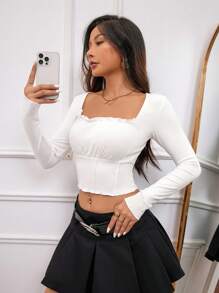 Aveloria Camiseta De Manga Larga Para Mujer De Color Sólido Con Diseño Corto