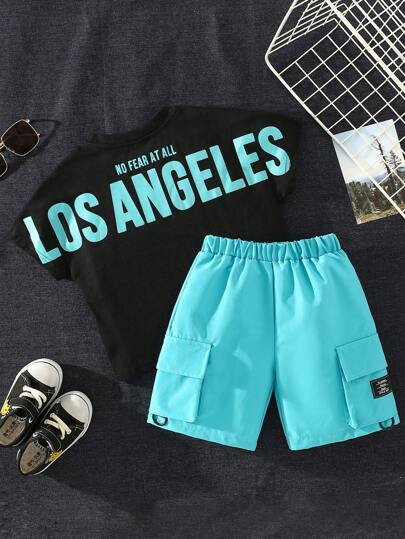 SHEIN 2pcs Young Boys' Casual Streetwear La Letter Printed Loose Fit Round Neck T-Shirt And Sports Shorts
