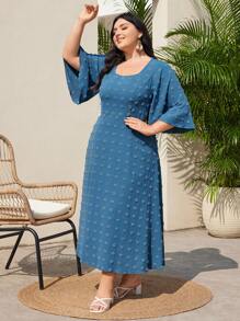 Mulvari Plus Size Jacquard Bell Sleeve Dress - Blue - View 8