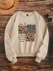 SHEIN EZwear LOVE Casual Leopard & Zebra Print Pattern Round Neck Loose Fit Thick Sweatshirt For Women, Autumn/Winter,Long Sleeve Tops - Apricot - View 3