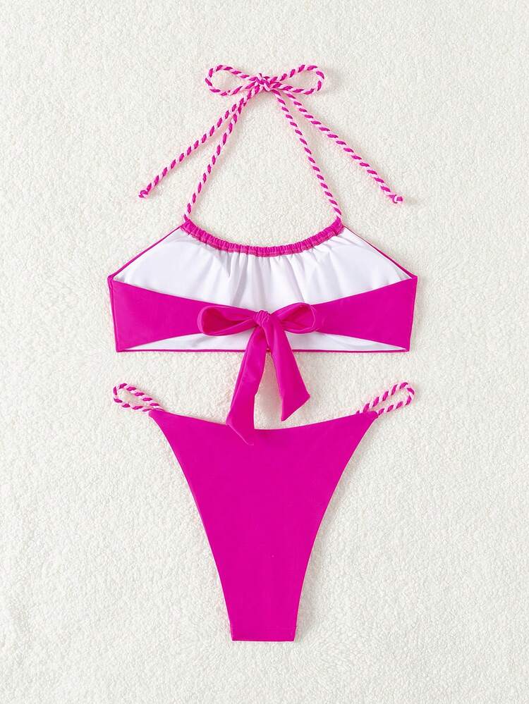 Women's Solid Color Halter Strap Tie Back Separates Swimwear, Two Piece Swimwear Summer