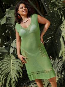 SHEIN LUNE 大碼女士純色v領無袖毛衣連衣裙 - 綠色 - 查看 4
