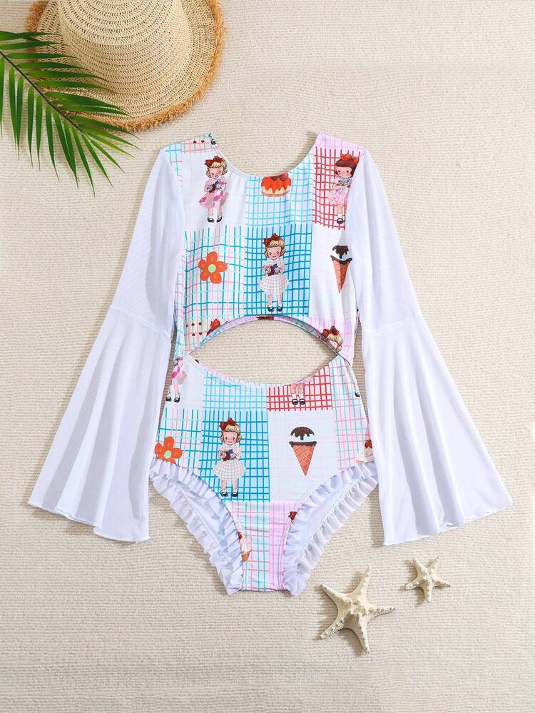 Teen Girl Swimsuit, Cartoon Pattern Printed One-Piece Swimsuit
