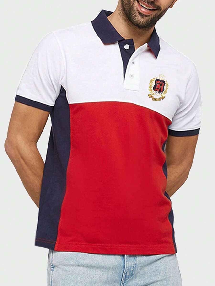 Manfinity Homme 男款徽章印花短袖拼色 Polo 衫 - 彩色 - 查看 1