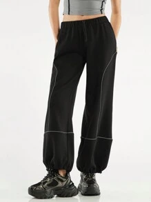 Forever 21 Women's Loose Fit Casual Sweatpants With Contrast Color Rolled Edge Decoration - Black - View 6