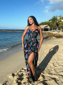 SHEIN SXY Sundress;Summer/Beach;Fashionable Ladies Sexy Tropical Flower Knitted Elegant Holiday Deep V-Neck High-End Sleeveless Loose Suspenders Adjustable Pleated Large Skirt Long Knitted Dress - Multicolor - View 3