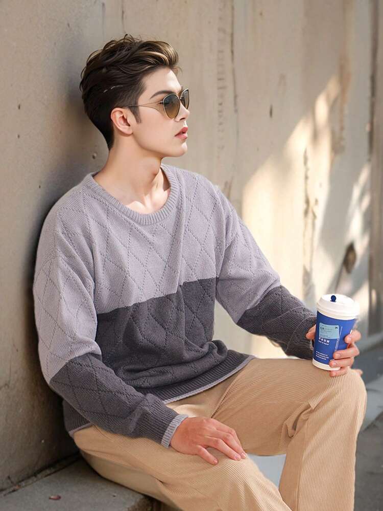 Men's Round Neck Long Sleeve Color Block Sweater
