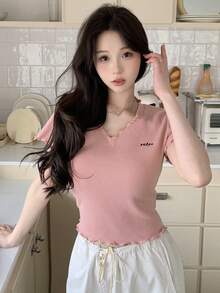 DAZY 女士v領短袖t恤 - 粉色 - 查看 3