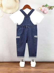 Baby Girl's Sandblasted Floral Print Denim Overalls - Dark Wash - View 2