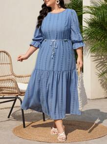Mulvari 大尺碼女裝 3/4 袖荷葉邊連身裙 - 藍色 - 查看 1